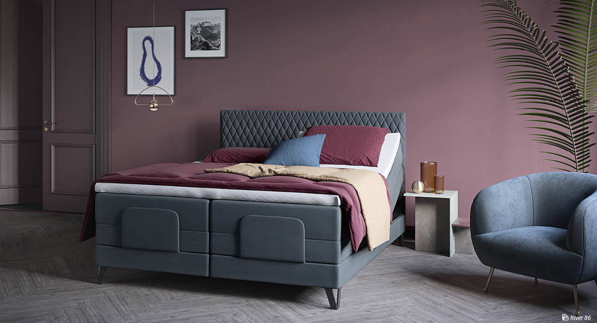 Wonderland 532 and 733 Adjustable bed with Harlequin Headboard. Textile: River.